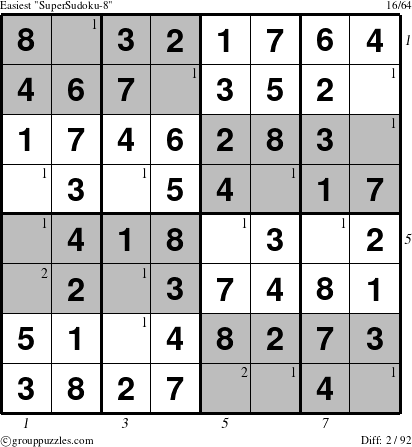 The grouppuzzles.com Easiest SuperSudoku-8 puzzle for , suitable for printing, with all 2 steps marked