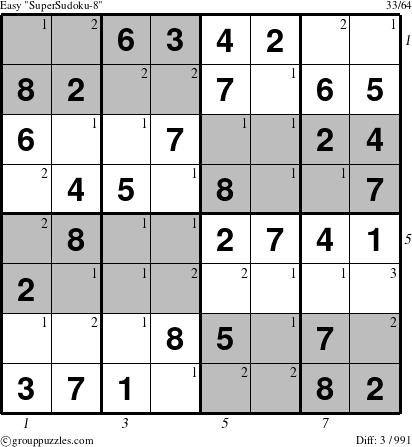 The grouppuzzles.com Easy SuperSudoku-8 puzzle for , suitable for printing, with all 3 steps marked