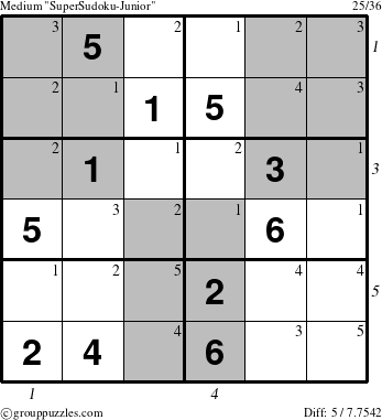 The grouppuzzles.com Medium SuperSudoku-Junior puzzle for , suitable for printing, with all 5 steps marked