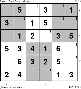 The grouppuzzles.com Easiest SuperSudoku-Junior puzzle for , suitable for printing, with all 2 steps marked