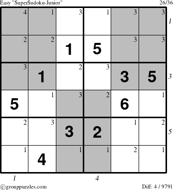 The grouppuzzles.com Easy SuperSudoku-Junior puzzle for , suitable for printing, with all 4 steps marked