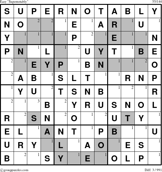 The grouppuzzles.com Easy Supernotably puzzle for  with the first 3 steps marked