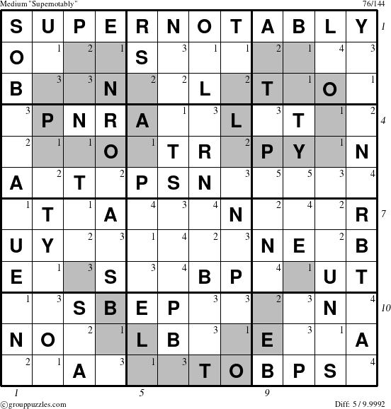 The grouppuzzles.com Medium Supernotably puzzle for , suitable for printing, with all 5 steps marked