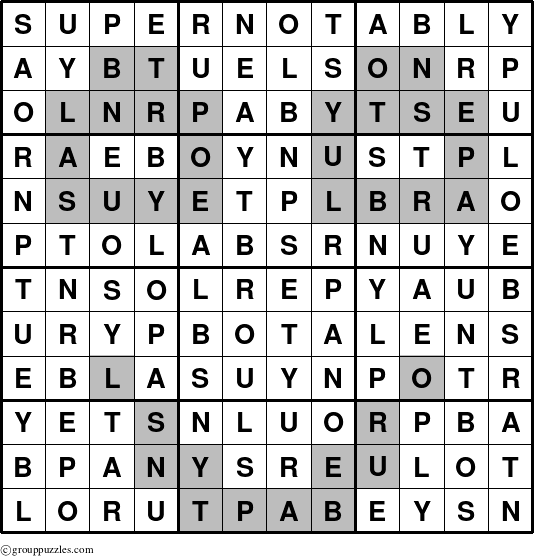 The grouppuzzles.com Answer grid for the Supernotably puzzle for 