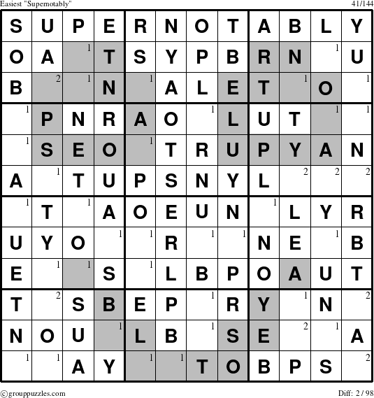 The grouppuzzles.com Easiest Supernotably puzzle for  with the first 2 steps marked