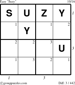 The grouppuzzles.com Easy Suzy puzzle for , suitable for printing, with all 3 steps marked