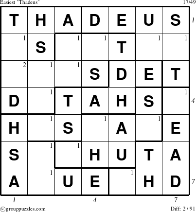 The grouppuzzles.com Easiest Thadeus puzzle for , suitable for printing, with all 2 steps marked