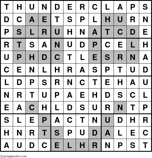 The grouppuzzles.com Answer grid for the Thunderclaps puzzle for 