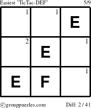 The grouppuzzles.com Easiest TicTac-DEF puzzle for  with the first 2 steps marked