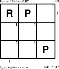 The grouppuzzles.com Easiest TicTac-PQR puzzle for , suitable for printing, with all 2 steps marked