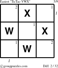 The grouppuzzles.com Easiest TicTac-VWX puzzle for , suitable for printing, with all 2 steps marked