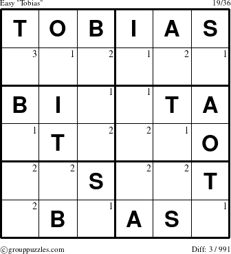 The grouppuzzles.com Easy Tobias puzzle for  with the first 3 steps marked