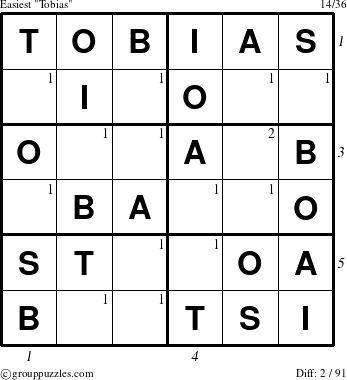 The grouppuzzles.com Easiest Tobias puzzle for , suitable for printing, with all 2 steps marked