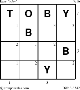 The grouppuzzles.com Easy Toby puzzle for , suitable for printing, with all 3 steps marked