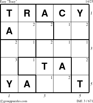 The grouppuzzles.com Easy Tracy puzzle for , suitable for printing, with all 3 steps marked