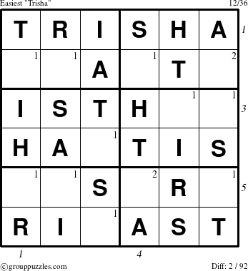 The grouppuzzles.com Easiest Trisha puzzle for , suitable for printing, with all 2 steps marked