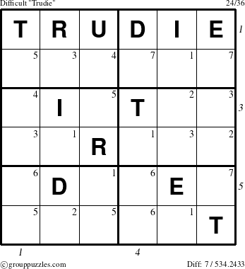 The grouppuzzles.com Difficult Trudie puzzle for , suitable for printing, with all 7 steps marked