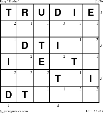 The grouppuzzles.com Easy Trudie puzzle for , suitable for printing, with all 3 steps marked