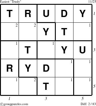 The grouppuzzles.com Easiest Trudy puzzle for , suitable for printing, with all 2 steps marked