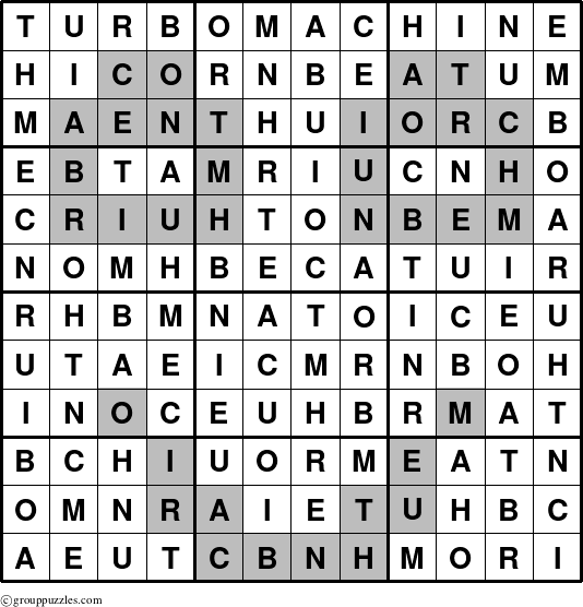 The grouppuzzles.com Answer grid for the Turbomachine puzzle for 