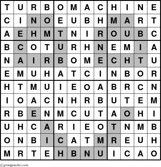The grouppuzzles.com Answer grid for the Turbomachine puzzle for 