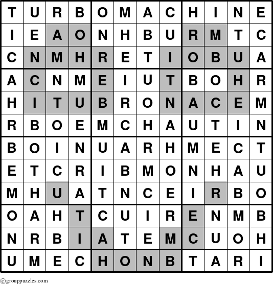 The grouppuzzles.com Answer grid for the Turbomachine puzzle for 