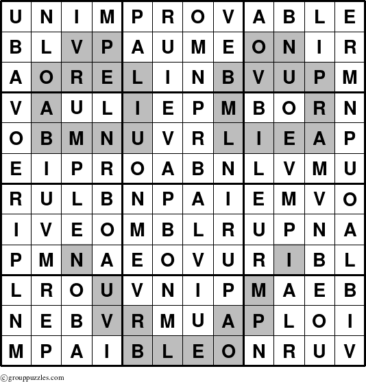 The grouppuzzles.com Answer grid for the Unimprovable puzzle for 
