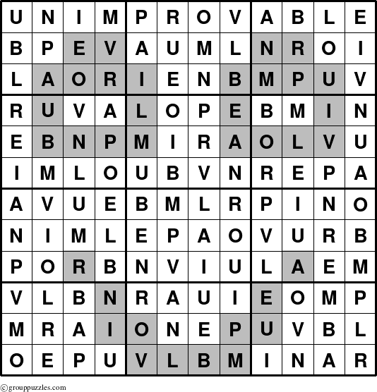 The grouppuzzles.com Answer grid for the Unimprovable puzzle for 