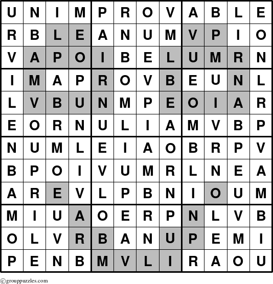 The grouppuzzles.com Answer grid for the Unimprovable puzzle for 