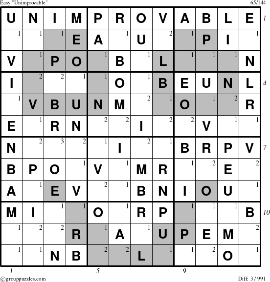 The grouppuzzles.com Easy Unimprovable puzzle for , suitable for printing, with all 3 steps marked