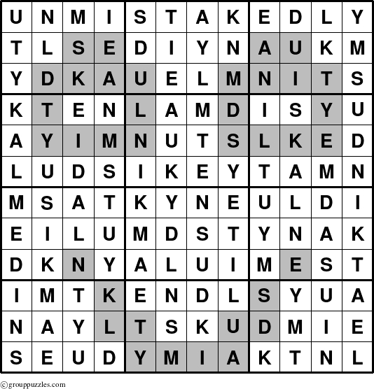 The grouppuzzles.com Answer grid for the Unmistakedly puzzle for 