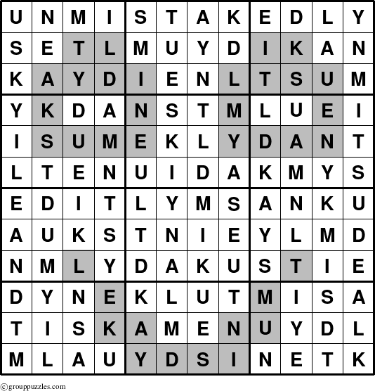 The grouppuzzles.com Answer grid for the Unmistakedly puzzle for 