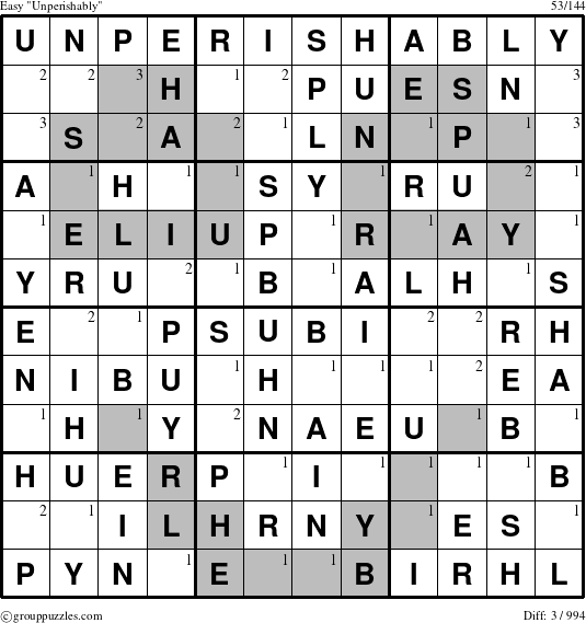 The grouppuzzles.com Easy Unperishably puzzle for  with the first 3 steps marked