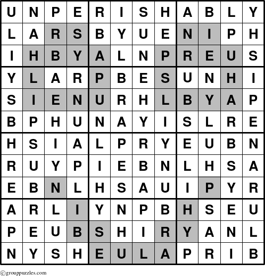 The grouppuzzles.com Answer grid for the Unperishably puzzle for 