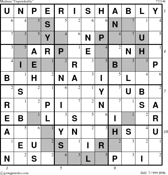 The grouppuzzles.com Medium Unperishably puzzle for , suitable for printing, with all 7 steps marked