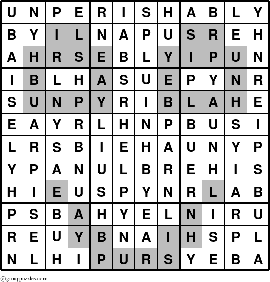 The grouppuzzles.com Answer grid for the Unperishably puzzle for 