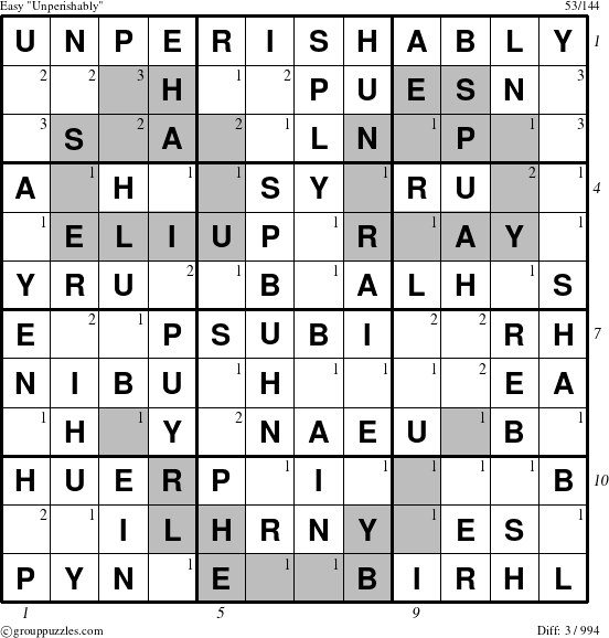 The grouppuzzles.com Easy Unperishably puzzle for  with all 3 steps marked