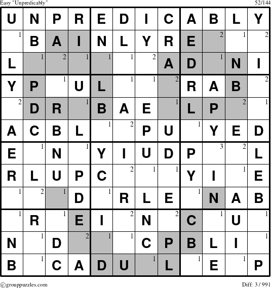 The grouppuzzles.com Easy Unpredicably puzzle for  with the first 3 steps marked