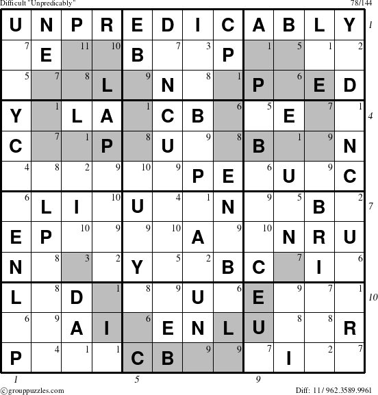 The grouppuzzles.com Difficult Unpredicably puzzle for  with all 11 steps marked