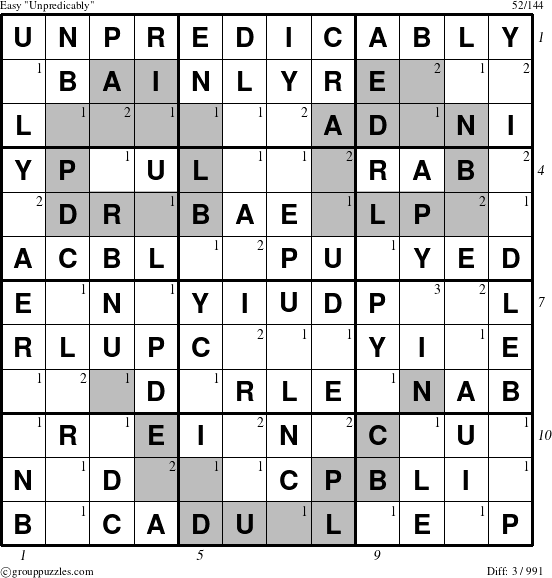 The grouppuzzles.com Easy Unpredicably puzzle for , suitable for printing, with all 3 steps marked