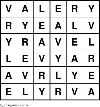 The grouppuzzles.com Answer grid for the Valery puzzle for 
