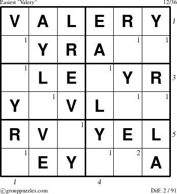 The grouppuzzles.com Easiest Valery puzzle for  with all 2 steps marked