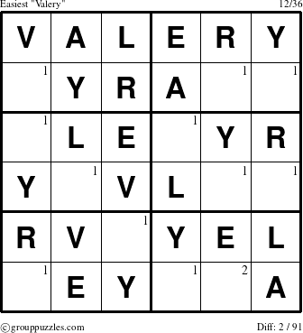 The grouppuzzles.com Easiest Valery puzzle for  with the first 2 steps marked