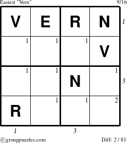 The grouppuzzles.com Easiest Vern puzzle for , suitable for printing, with all 2 steps marked