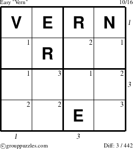 The grouppuzzles.com Easy Vern puzzle for , suitable for printing, with all 3 steps marked