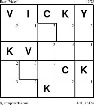 The grouppuzzles.com Easy Vicky puzzle for  with the first 3 steps marked