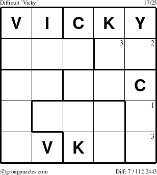 The grouppuzzles.com Difficult Vicky puzzle for  with the first 3 steps marked