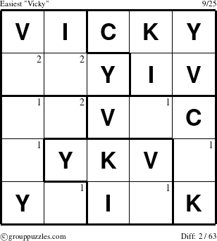 The grouppuzzles.com Easiest Vicky puzzle for  with the first 2 steps marked