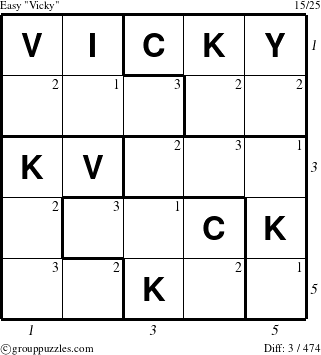 The grouppuzzles.com Easy Vicky puzzle for  with all 3 steps marked