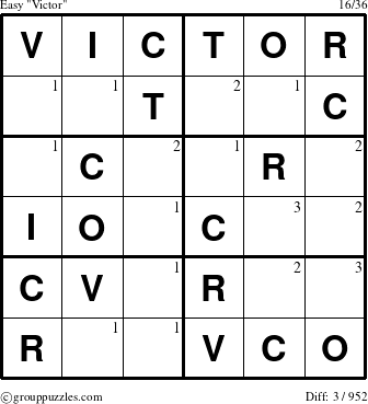 The grouppuzzles.com Easy Victor puzzle for  with the first 3 steps marked